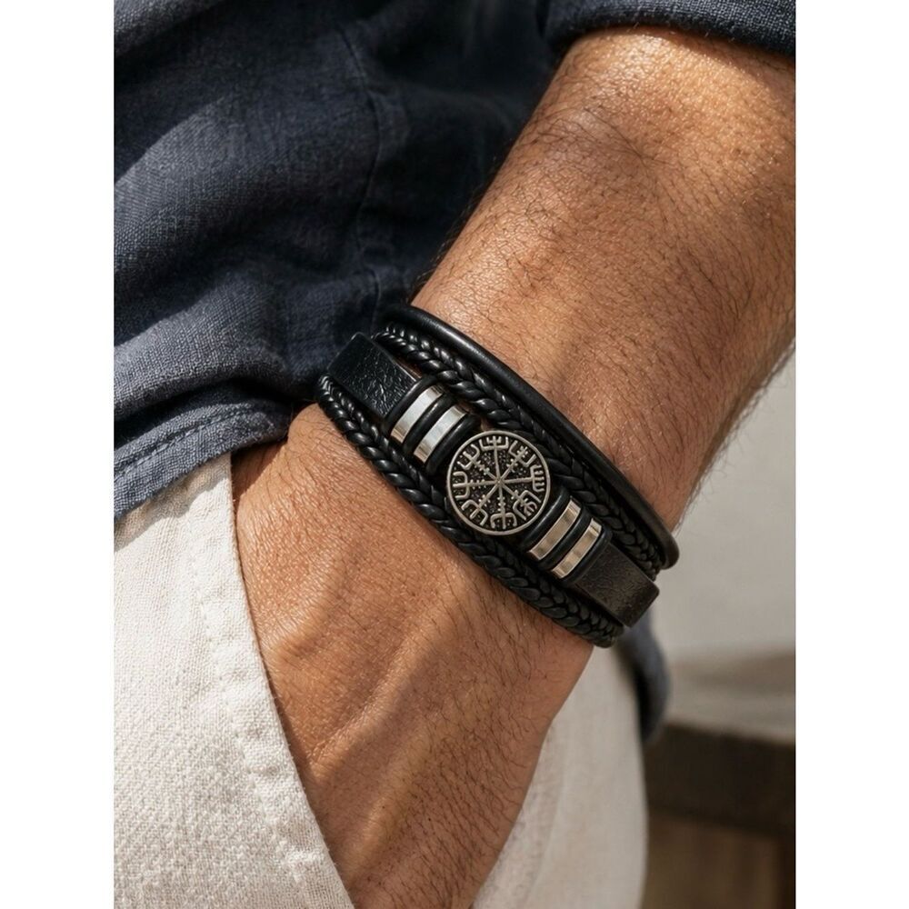 Weathered Viking Vegvísir Compass Bracelet in Black Vegan Leather, Nordic